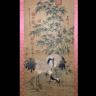 Wu Zetian Signed Chinese Hand Painted Calligraphy Scroll w/crane N4188