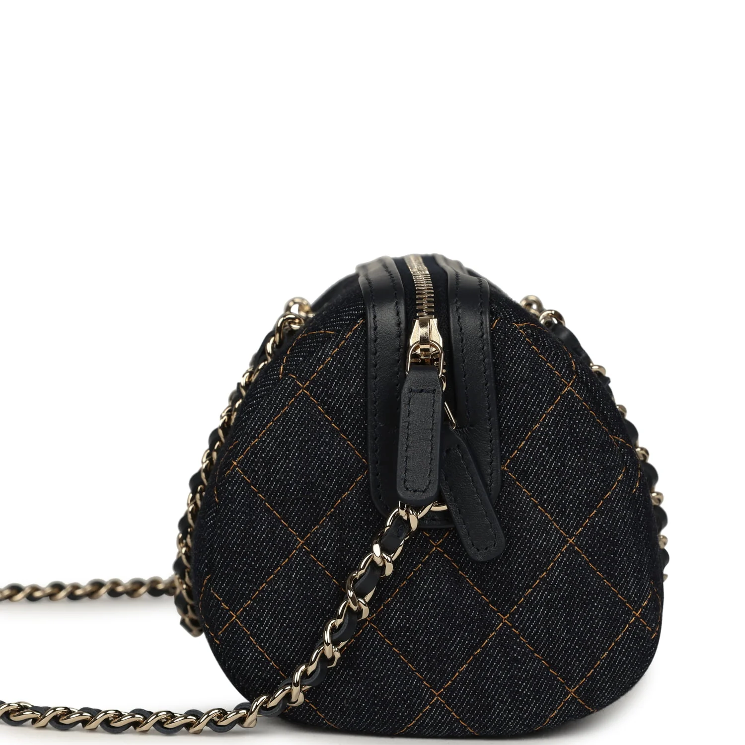 Chanel Mini Timeless Classic Barrel Bag with Chain Dark Blue Denim Light Gold Hardware