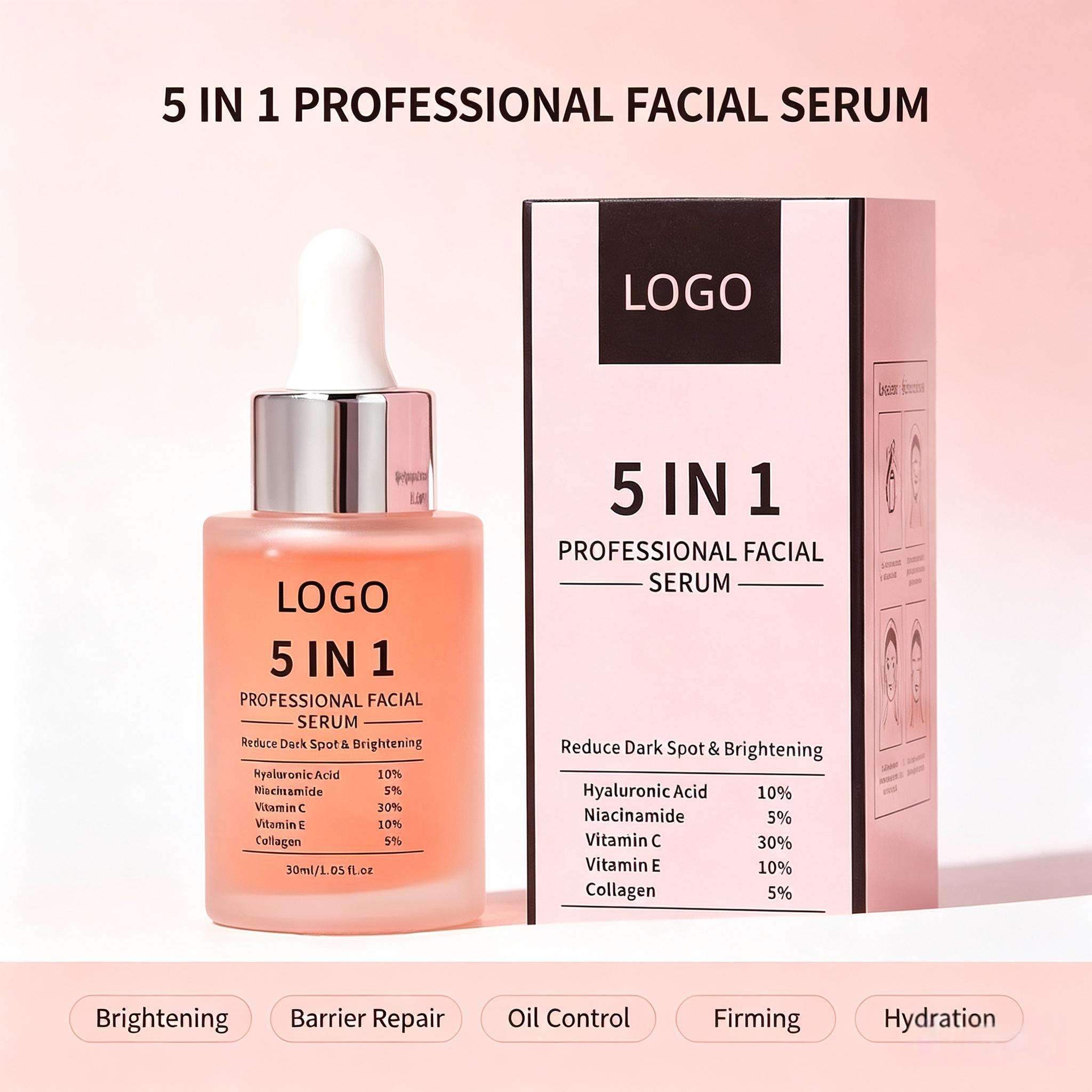 30ml Organic 5 in 1 Facial Serum Vitamin C for Face Anti Aging Wrinkle Remover Serum with Collagen and Niacinamide OEM