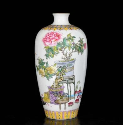 Yongzheng Signed Pair Old Chinese Colour Enamel Vase W/flower N3594