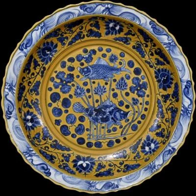 45CM Old Chinese Blue and White Yellow Glaze Dish Plate W/fish N394