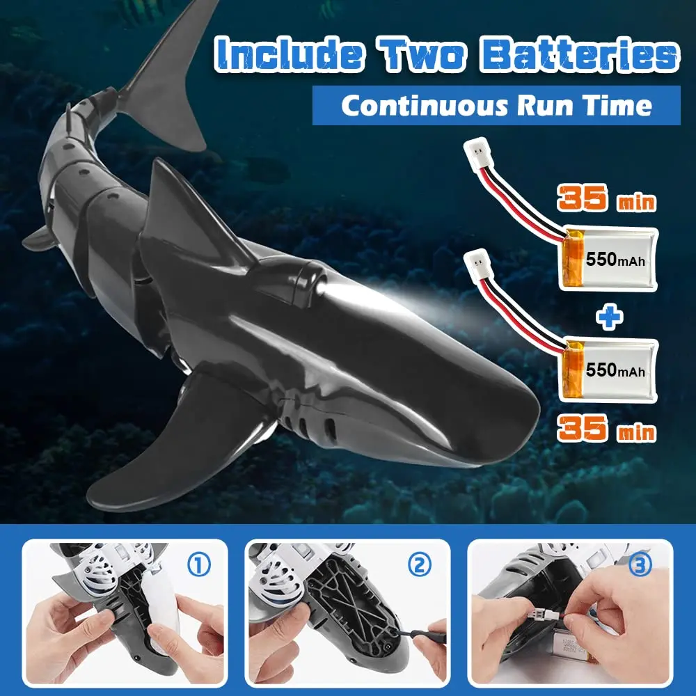 Summervibes Remote Control Shark Toys 1:18 High Simulation Scale Fish with Light for Lake Bathroom Pool 2.4g Electric RC Boat