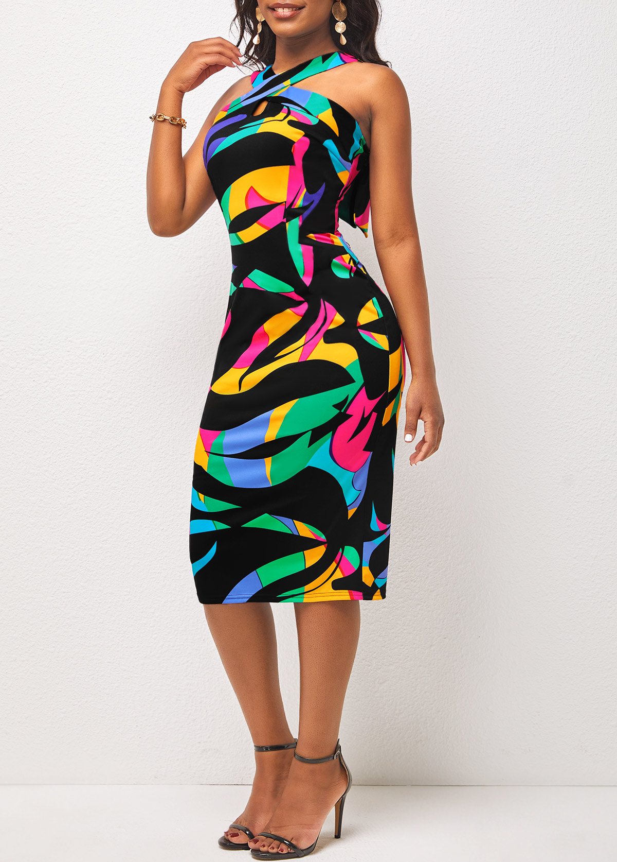 Cross Halter Tie Back Multi Color Dress