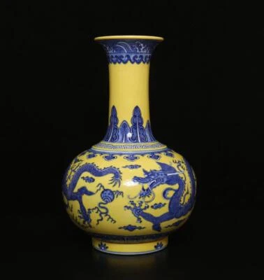 36CM Qianlong Signed Old Chinese Blue & White Yellow Glaze orcelain Vase