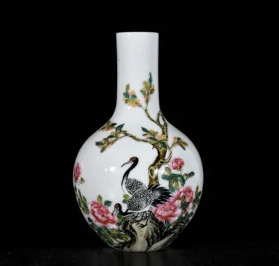 Yongzheng Signed Pair Old Chinese Colour Enamel Vase W/crane N3383
