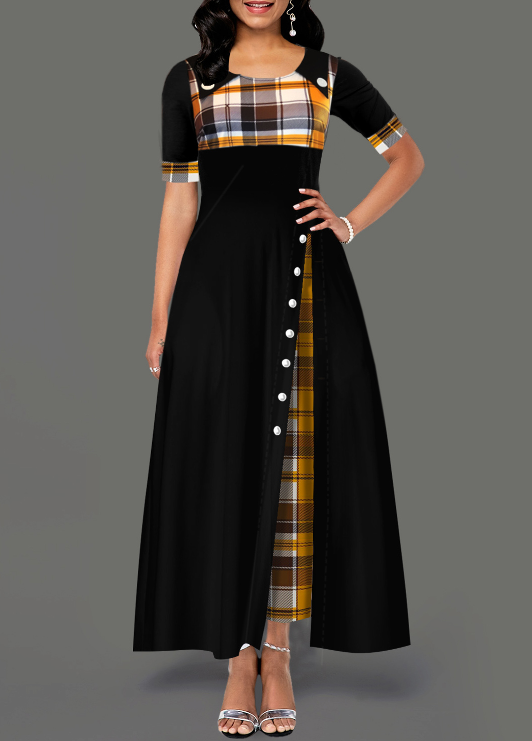Decorative Button Ginger Plaid Round neck Dress