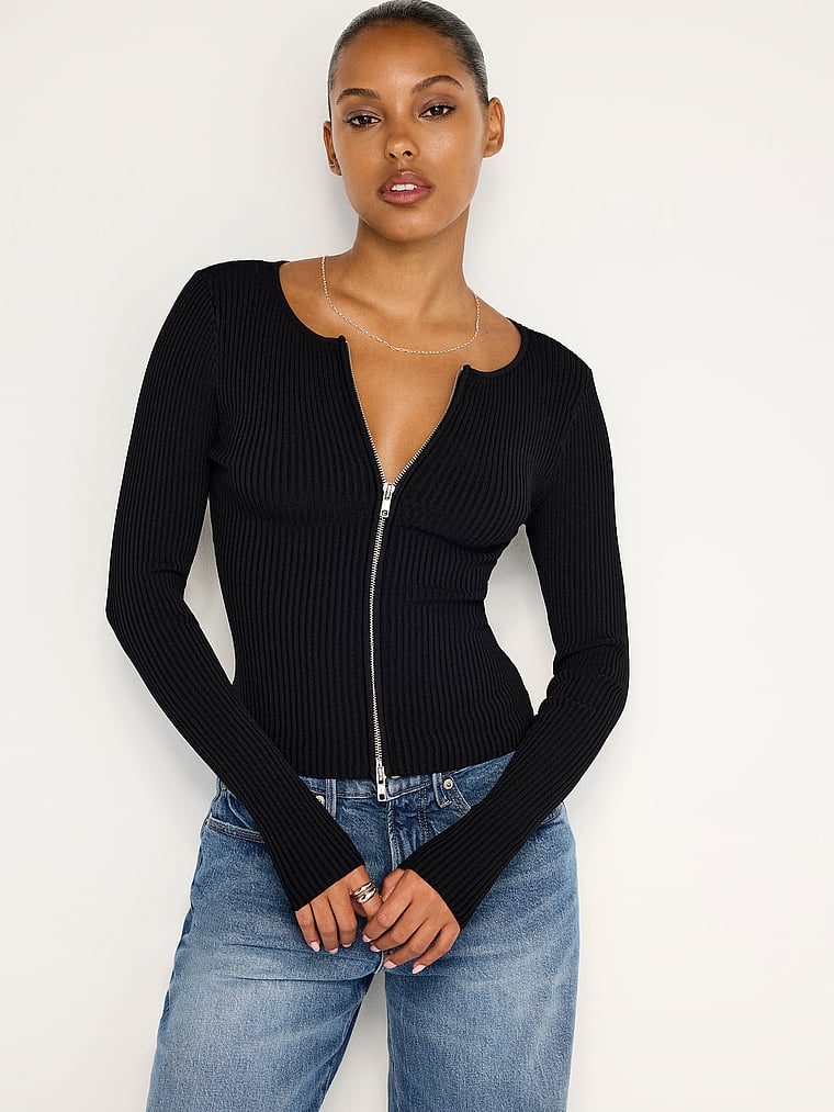 Good American Virgo Rib Zip Front Sweater