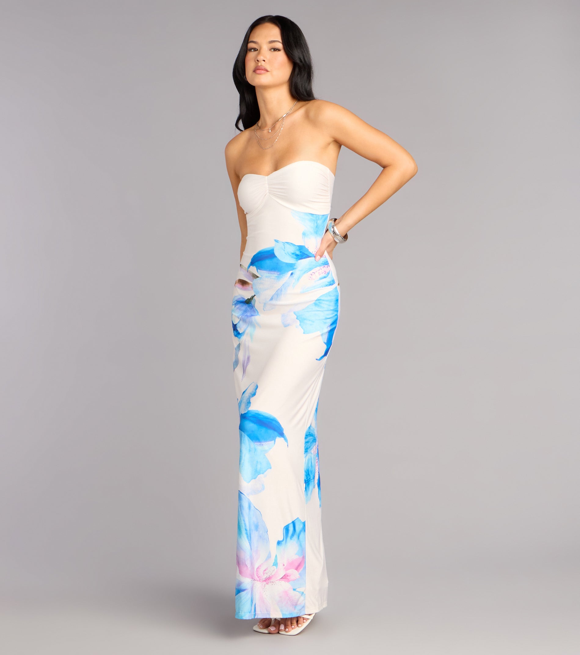 Soft Focus Muse Floral Lace-Up Maxi Tube Dress