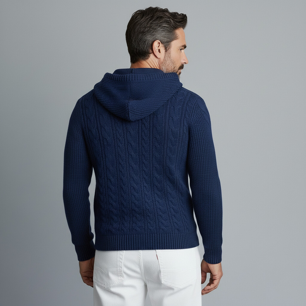 Men's Navy Blue Cable Knit Long Sleeve Drawstring Hooded Sweater