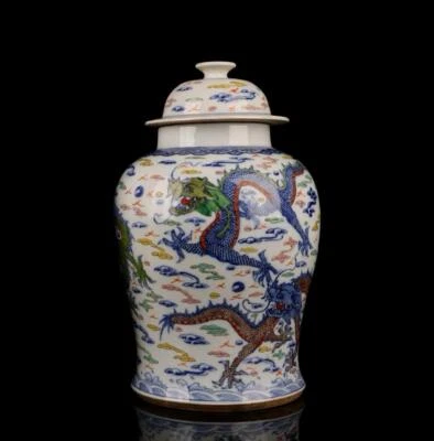 43CM Qianlong Signed Old Chinese Doucai Lid Pot W/dragon N1418