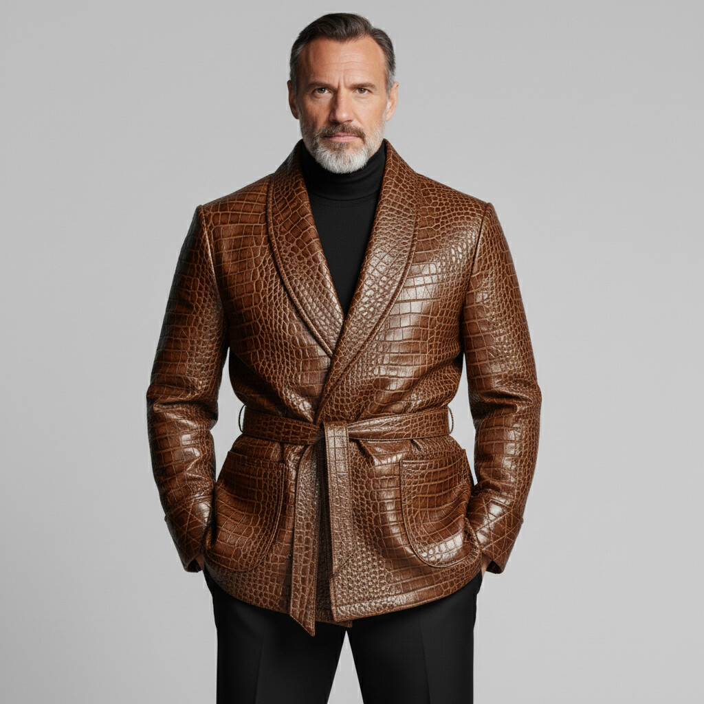 Men's Brown Crocodile PU Leather Shawl Lapel Long Sleeve Pocket Belt Blazer