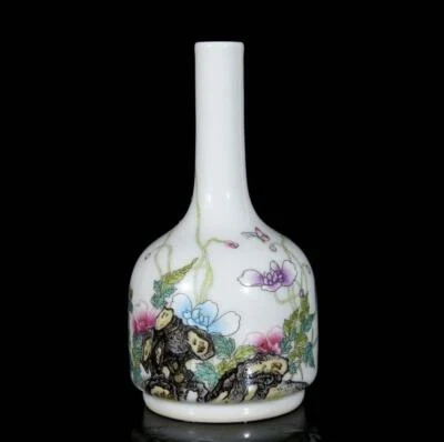 Qianlong Signed Pair Old Chinese Colour Enamel Vase W/flower N3582