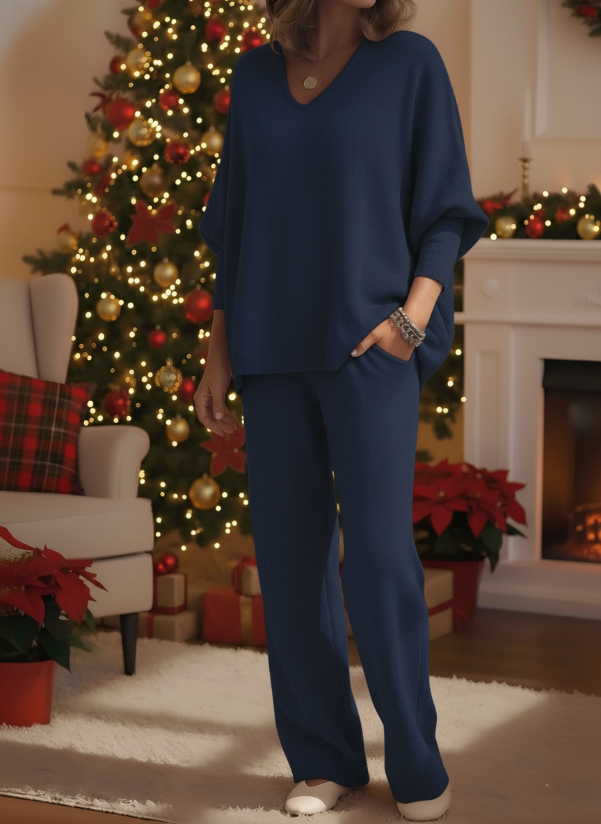 🌲 SALE🔥 Women's Cozy Solid Color V-neck Knit Top And Pants Two-piece Set