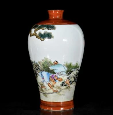 35CM Qianlong Signed Old Chinese Colour Enamel Vase W/figure N3443