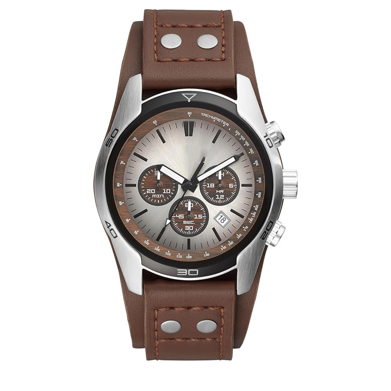 Men's quartz stainless steel leather chronograph watch