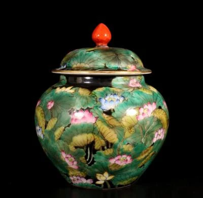 Old Qianlong Signed Chinese Famille Rose Lid Pot W/louts flower N1461