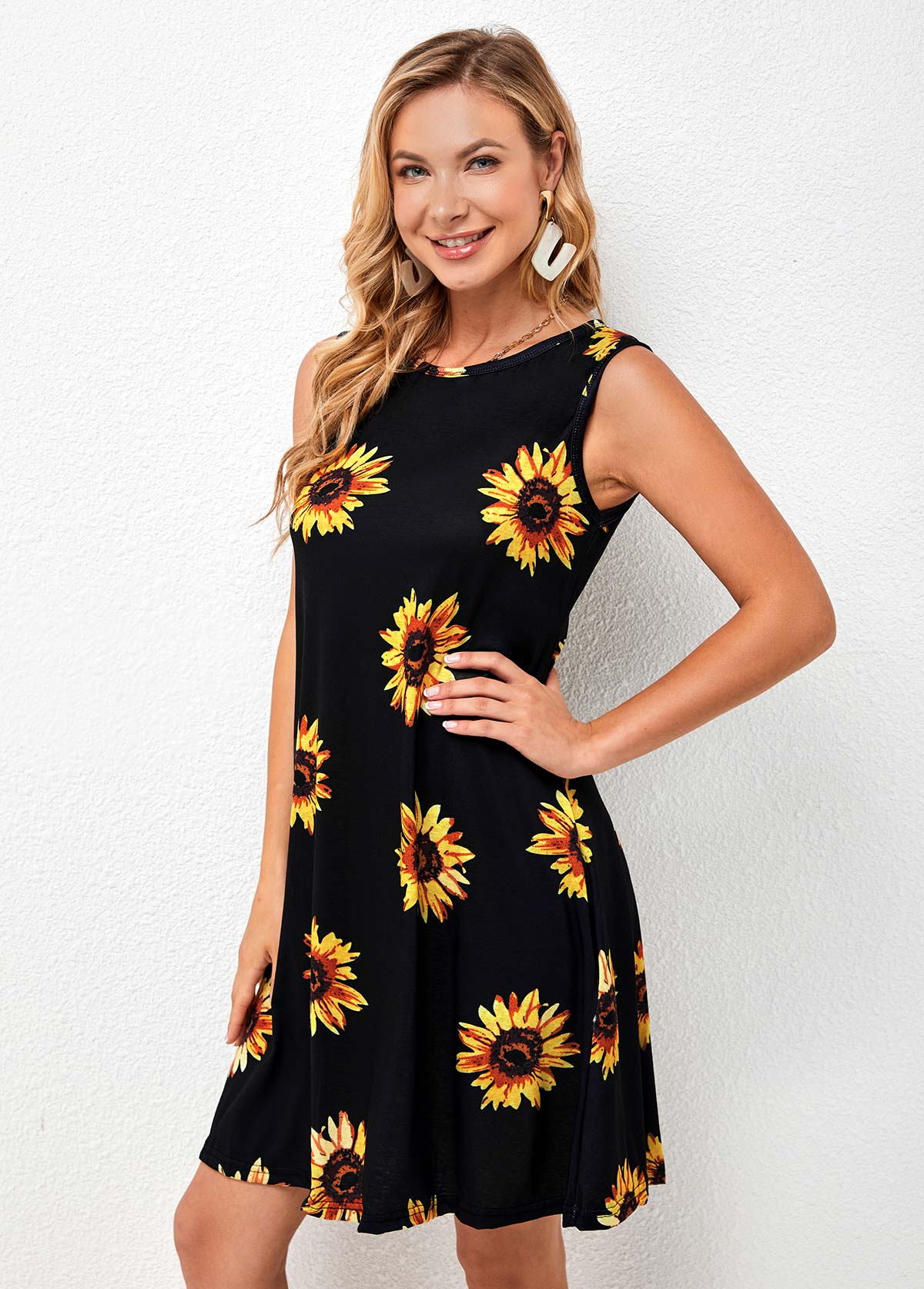 Printed Round Neck A Line Dress
