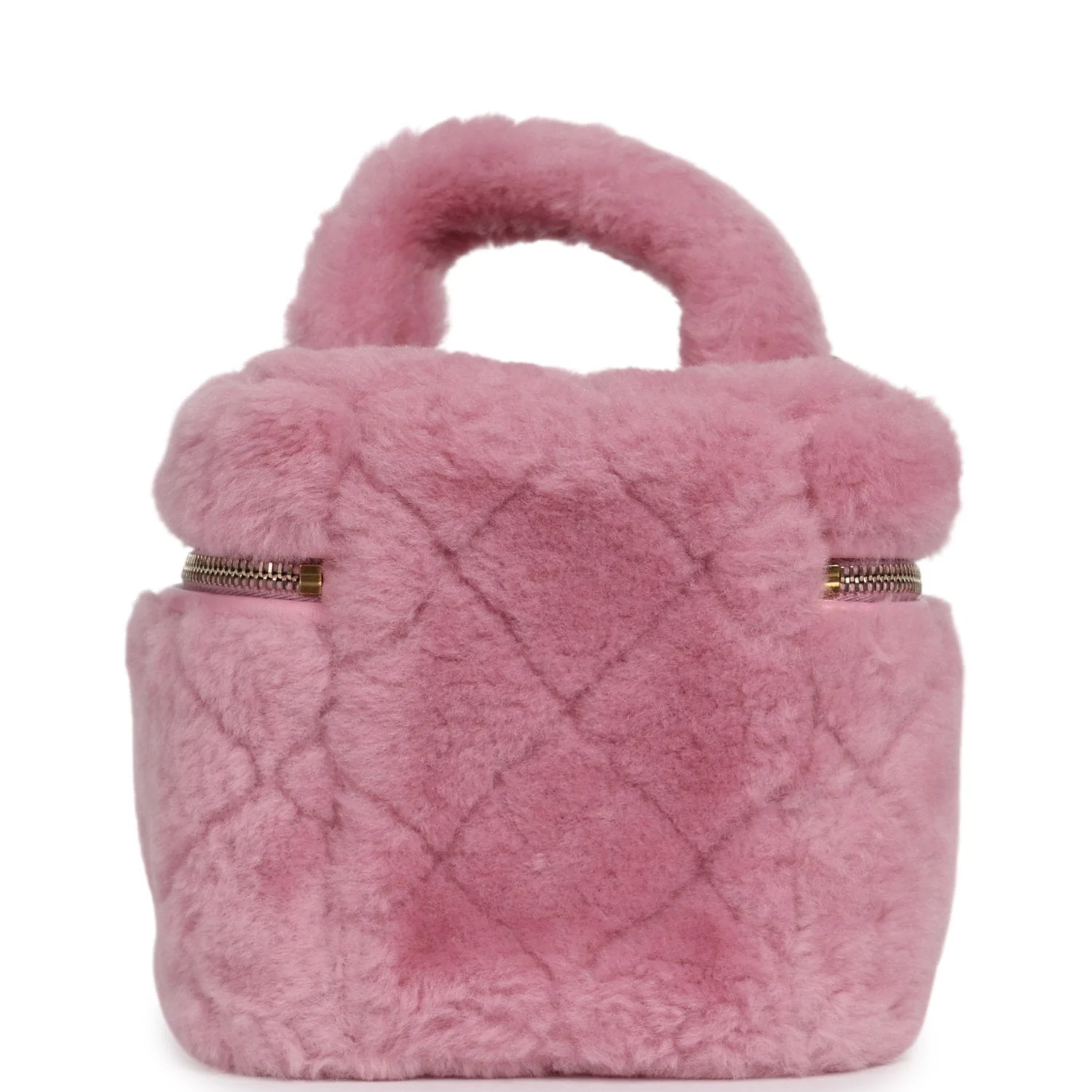 Chanel Small Top Handle Square Vanity Case With Chain Pink Shearling Lambskin Gold Hardware
