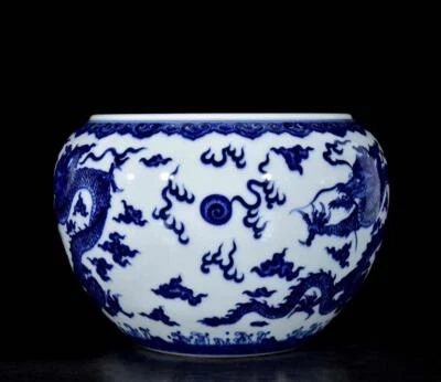 24CM Kangxi Signed Old Chinese Blue and White Brush Washer W/dragon N3311