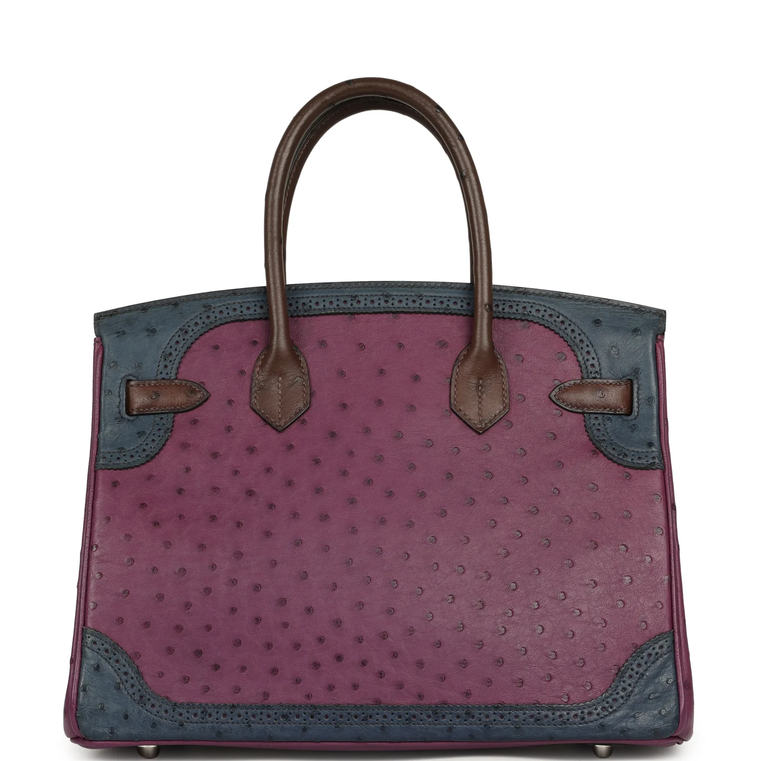 Hermes Birkin Ghillies 30 Violet, Bleu De Malte, Chocolat Ostrich Palladium Hardware