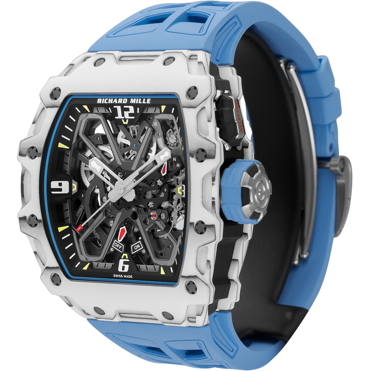 【7A Quality】Best Swiss Richard Mille RM 35-03 Replica Rafael Nadal Watch for Men | White Carbon Fiber Case | Blue Strap