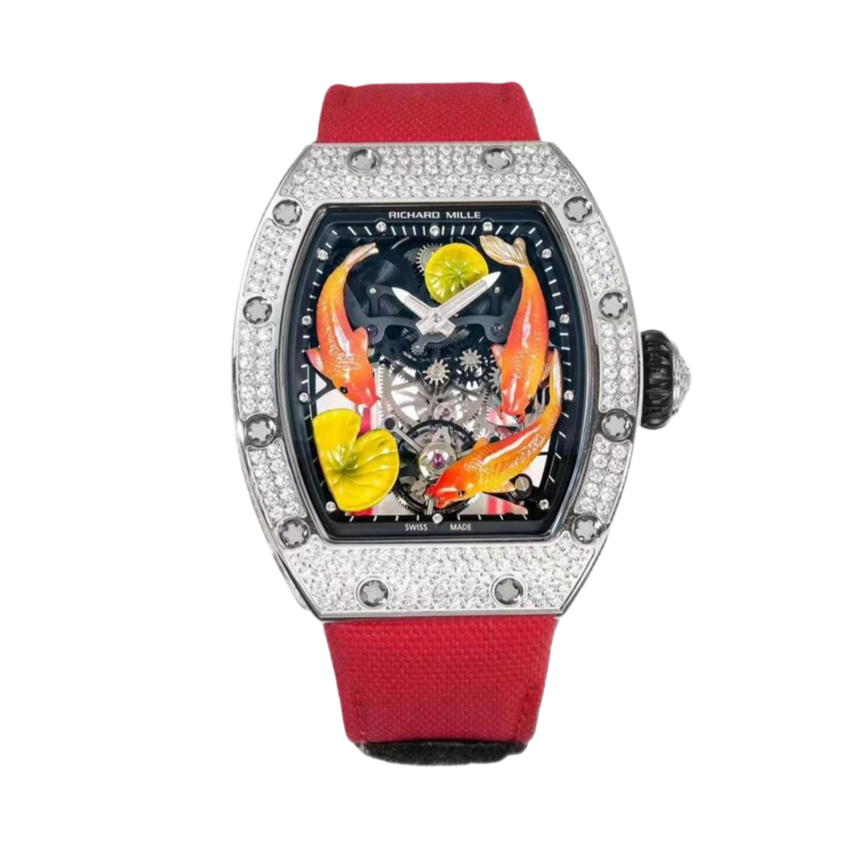 【7A Quality】Super Clone Replica RICHARD MILLE RM S10 Koi Fish Tourbillon Watch Diamond Case Red Strap Swiss Quality