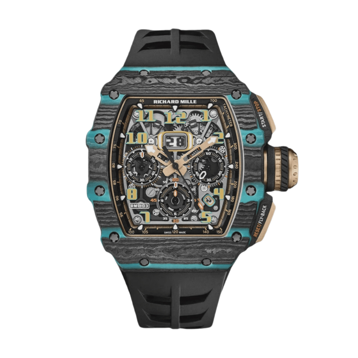 【7A Quality】Swiss Replica Richard Mille RM 11-03 Carbon Turquoise Case Watch – Skeleton Dial Luxury Men's Timepiece