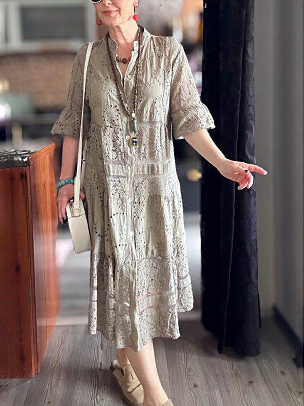 🌲🔥 Lace Ruffle Sleeve Shirt Dress