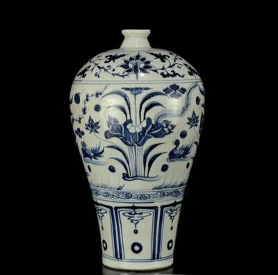 34CM Old Chinese Blue and White Vase W/duck N1271
