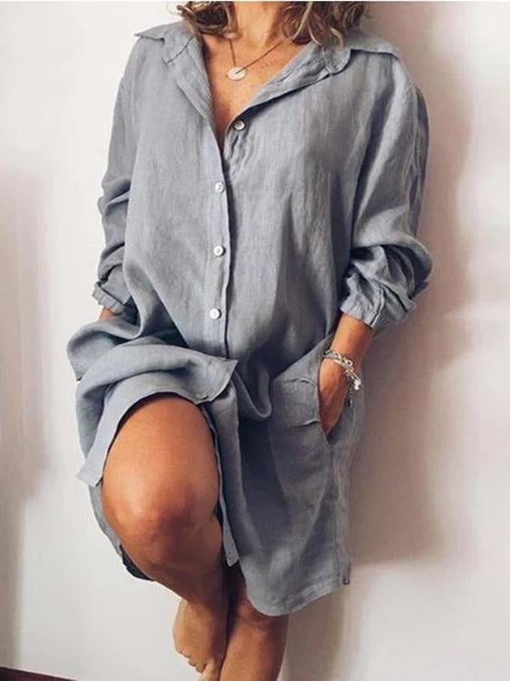 Women casual pocket long sleeve long shirts dress