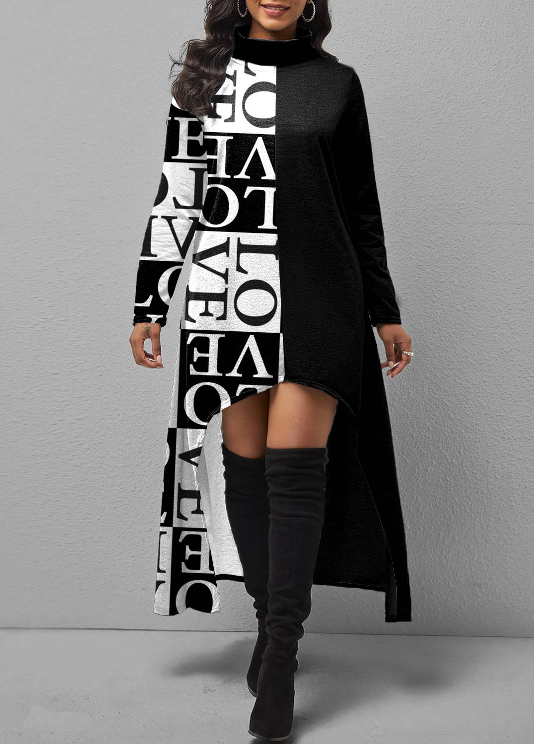 Letter Print Turtleneck Dip Hem Dress