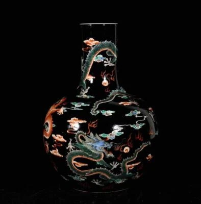 32CM Kangxi Signed Old Chinese Wucai Vase W/dragon N3307
