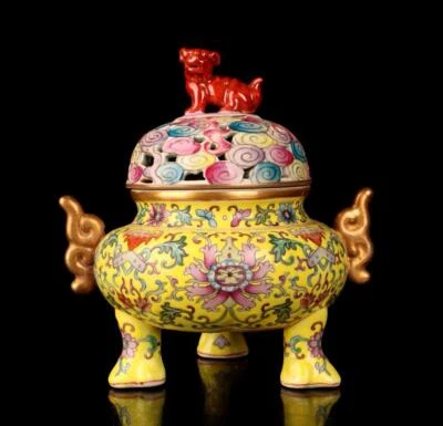 Yongzheng Signed Old Chinese Colour Enamel Incense Burner W/lion N1483