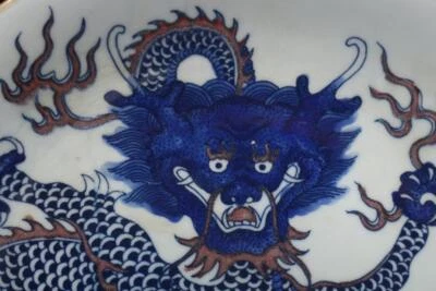 29.5CM Kangxi Signed Antique Chinese Blue & White Blue Glaze Porcelain Dish