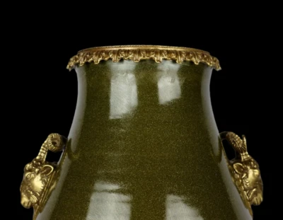 41CM Qianlong Signed Old Chinese Tea Glaze Vase w/sheep N3914