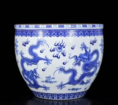 42CM Qianlong Signed Old Chinese Blue and White Pot Jar W/dragon N3750