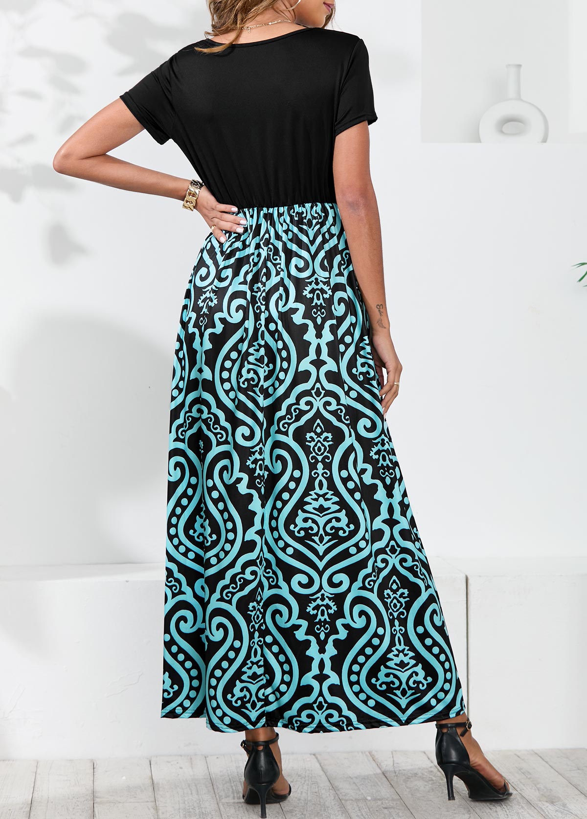 Tribal Print Cyan Round Neck Dress