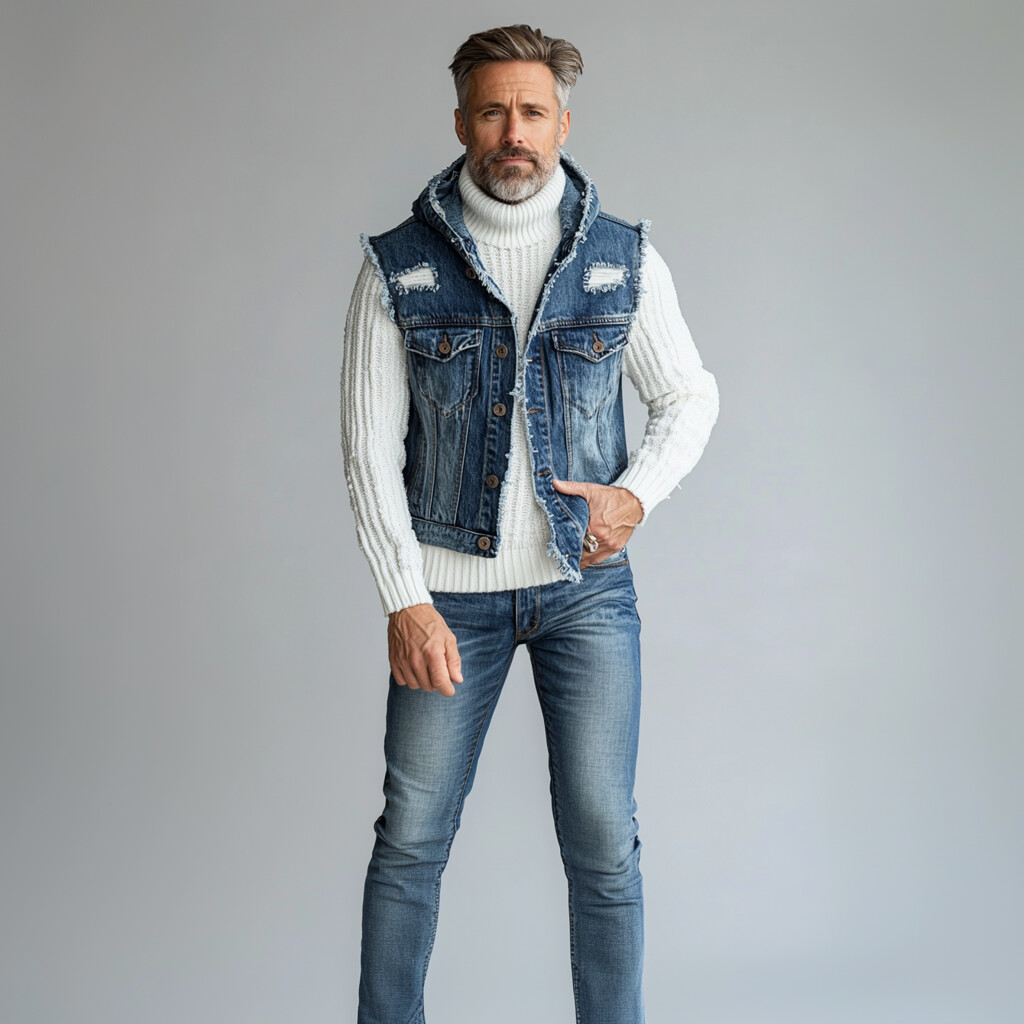 Men's Casual Denim Ripped Raw Edge Button Hooded Vest