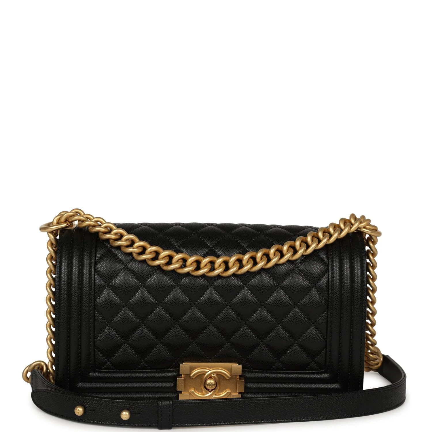 CHANEL Medium Boy Bag Black Caviar Antique Gold Hardware