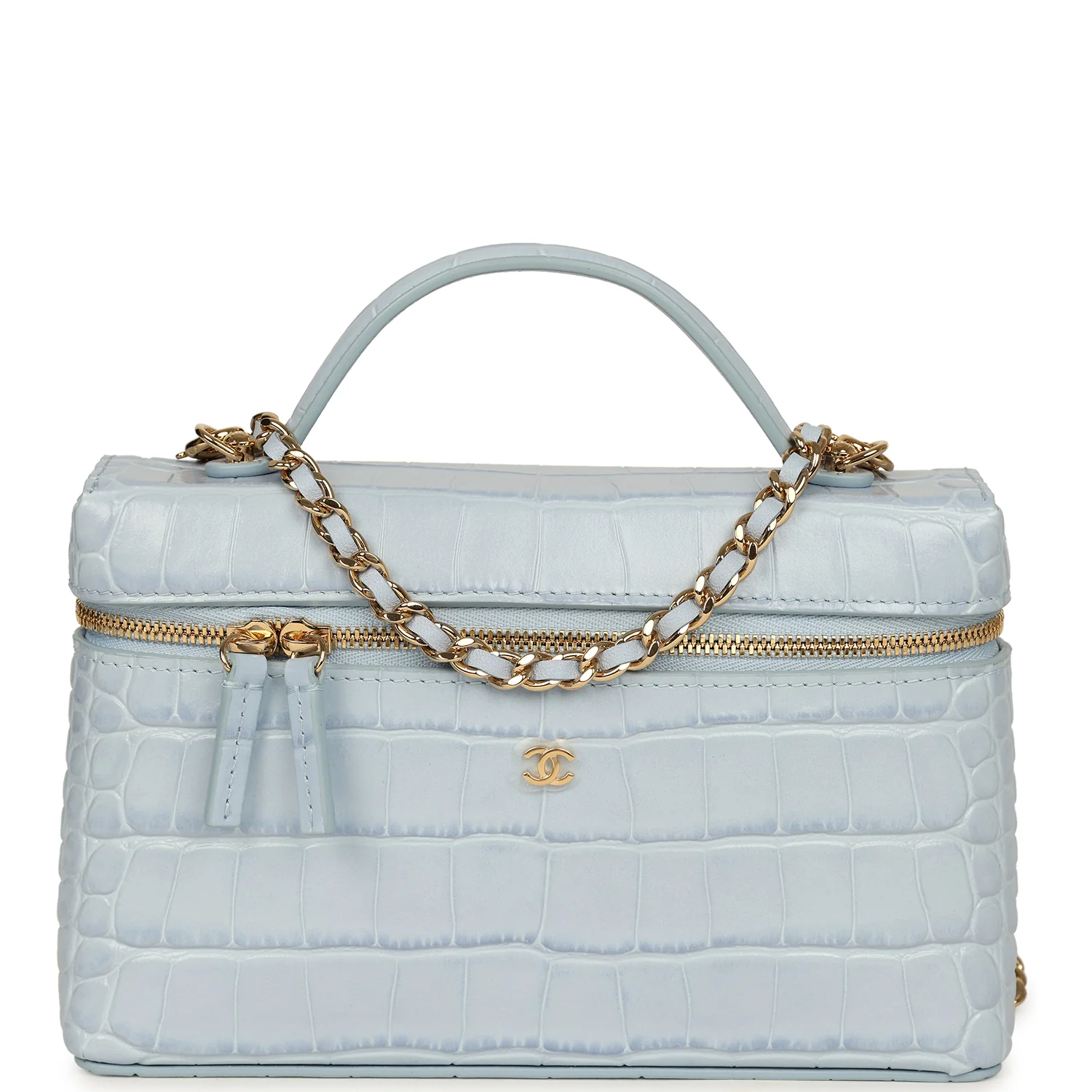 Chanel Top Handle Long Vanity Case with Chain Light Blue Croc Embossed Calfskin Gold Hardware