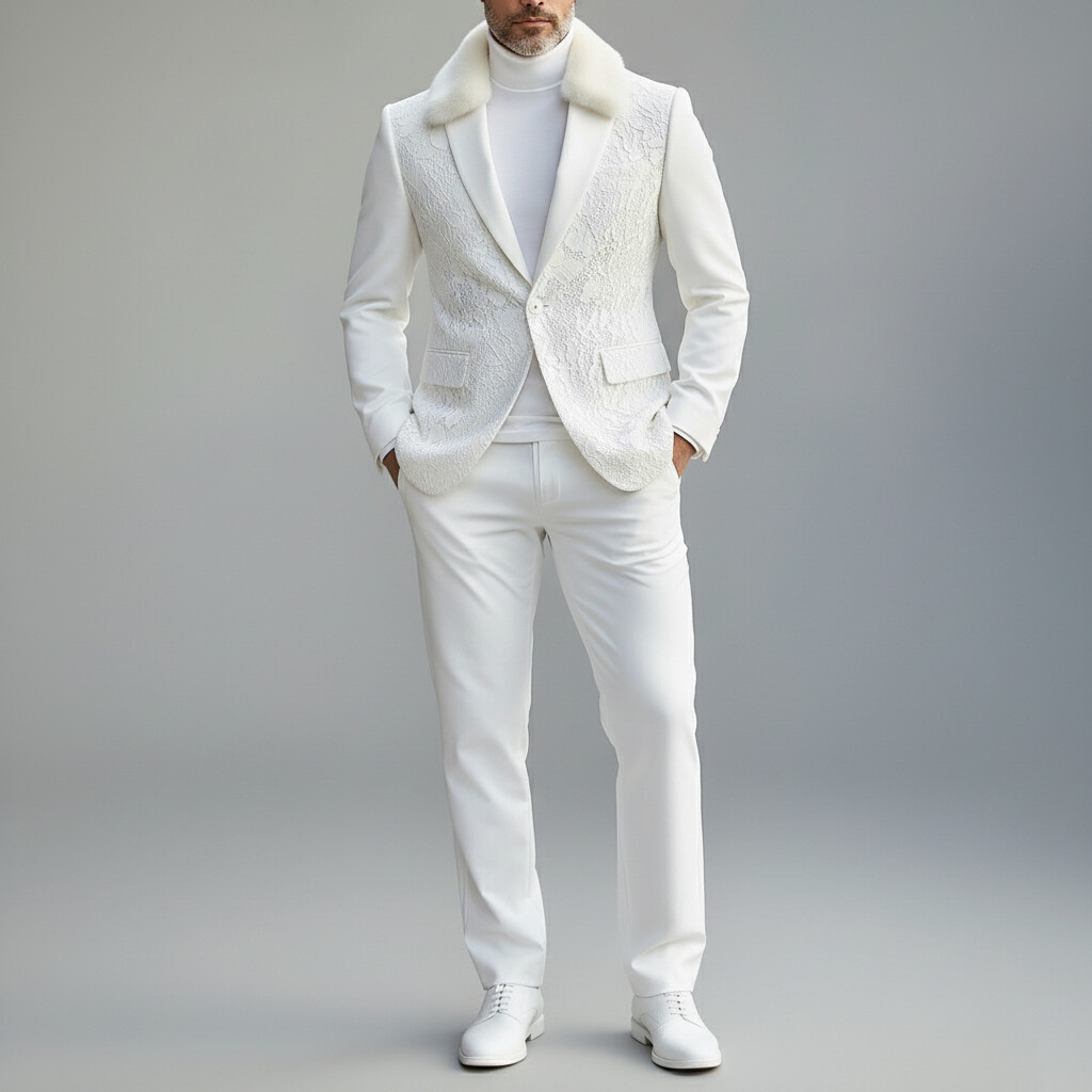 Men's White Lace Furry Collar Lapel One Button Long Sleeve Blazer