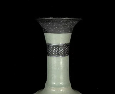 28CM Qinglongsi Signed Old Chinese Ru Yao Ru Kiln Vase w/lady N574