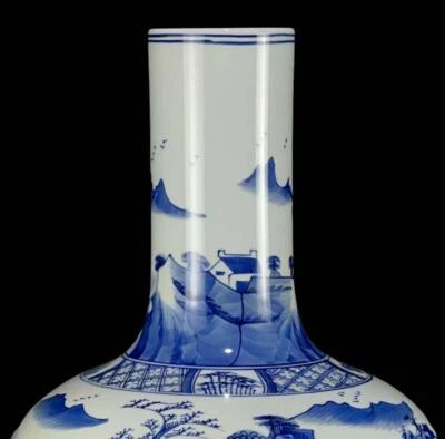35CM Kangxi Singed Old Chinese Blue and White Vase W/ landscape N197