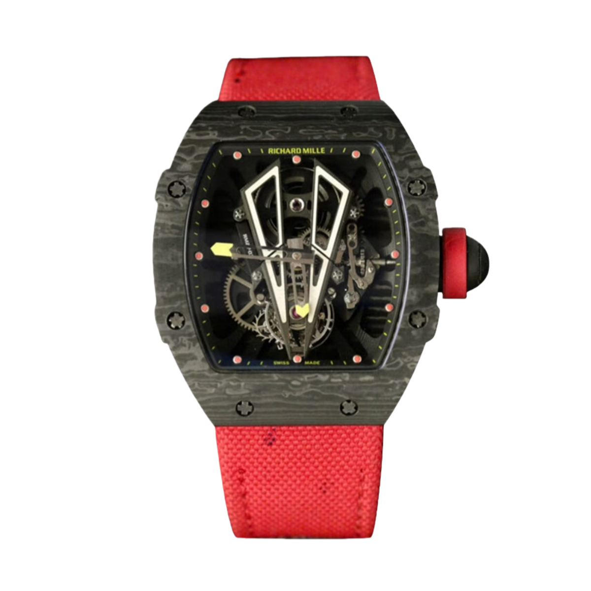 【7A Quality】Swiss Replica Richard Mille RM27-03 Black Carbon Fiber Case with Red Woven Strap