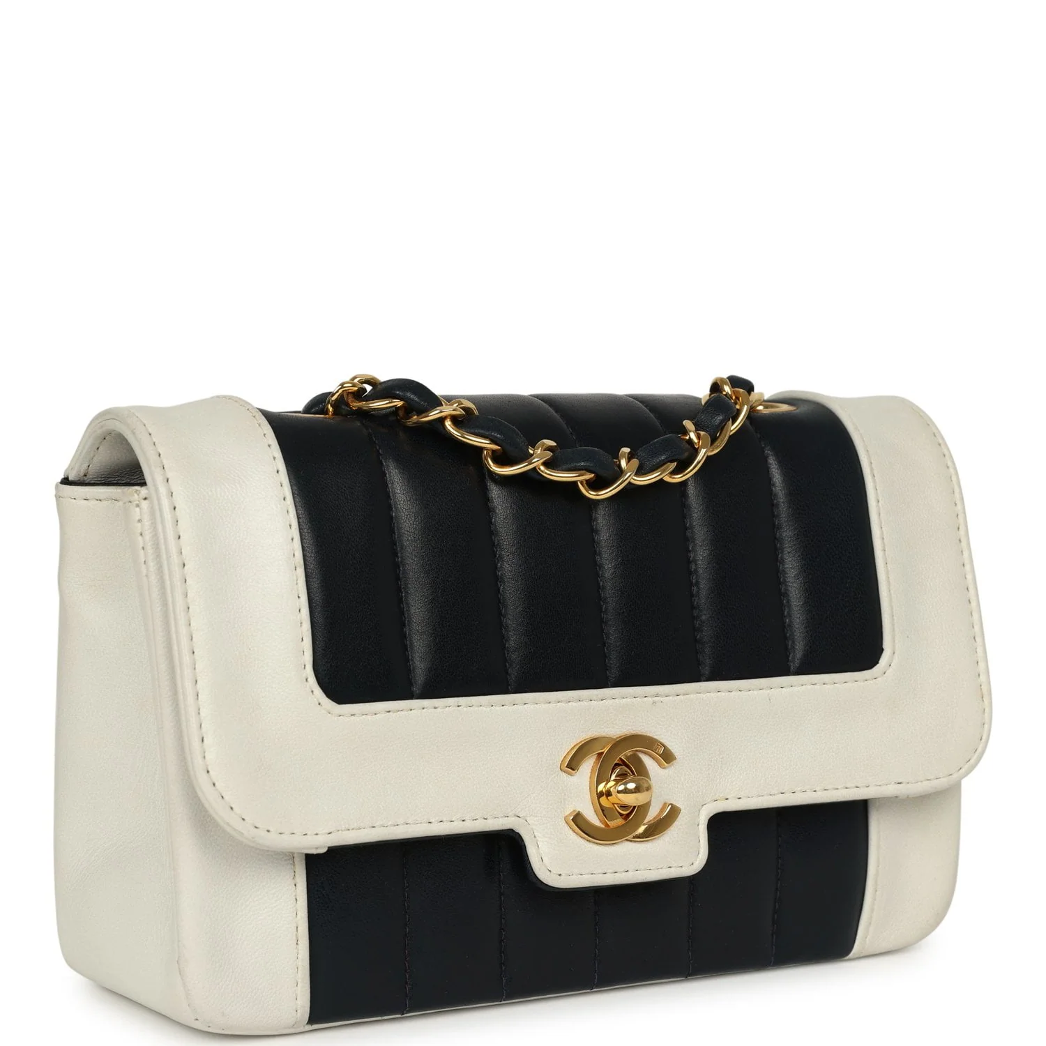 CHANEL Mini Mademoiselle Flap White, Navy Lambskin Gold Hardware