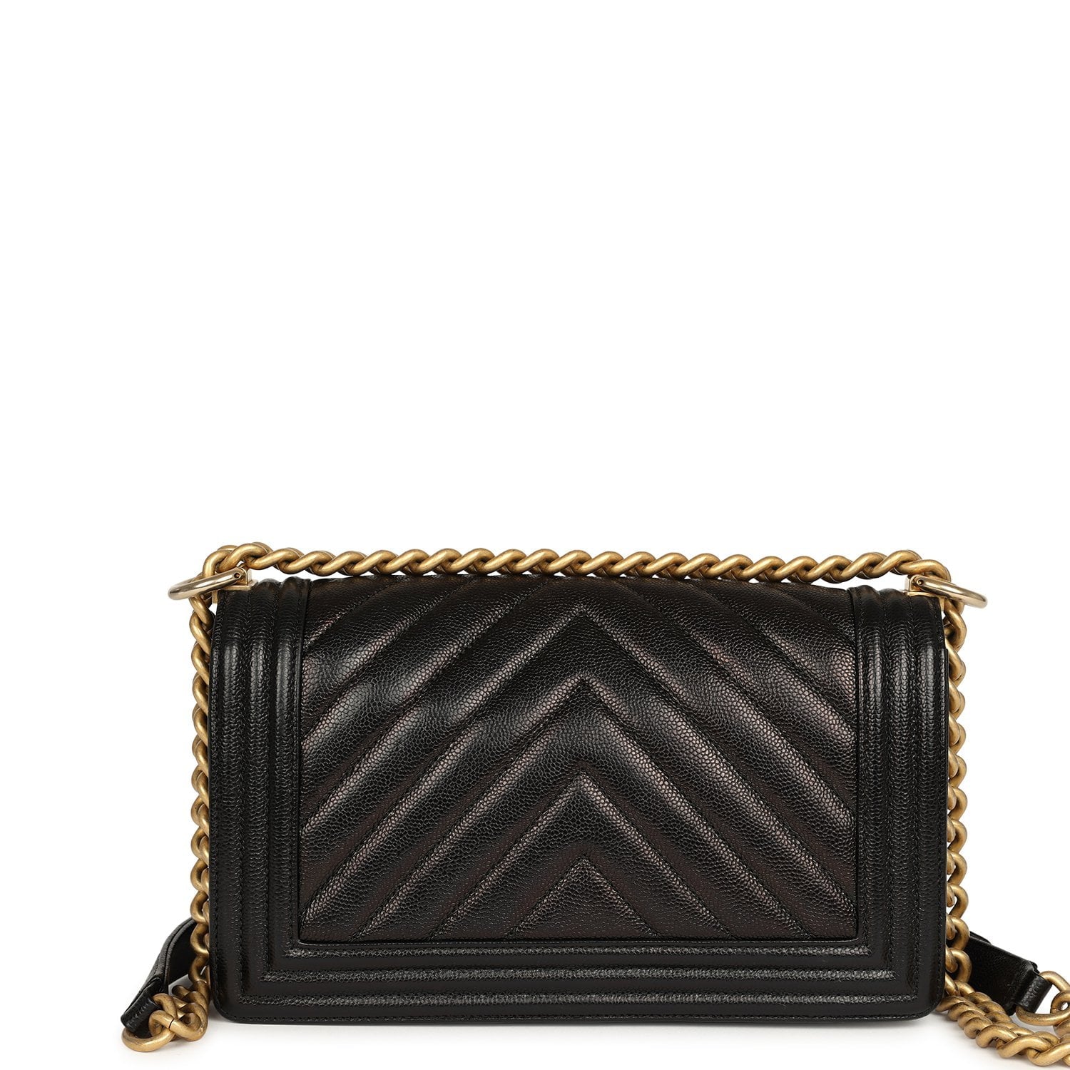 Chanel Medium Chevron Boy Bag Black Caviar Antique Gold Hardware