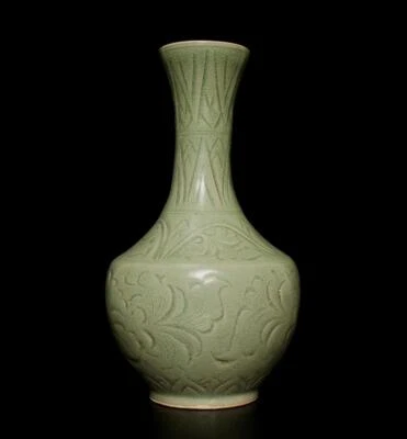 23CM Yuanyou Signed Old Chinese Yue Kiln Vase w/flower