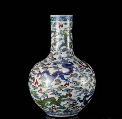 40CM Kangxi Signed Old Chinese Doucai Vase W/dragon N74