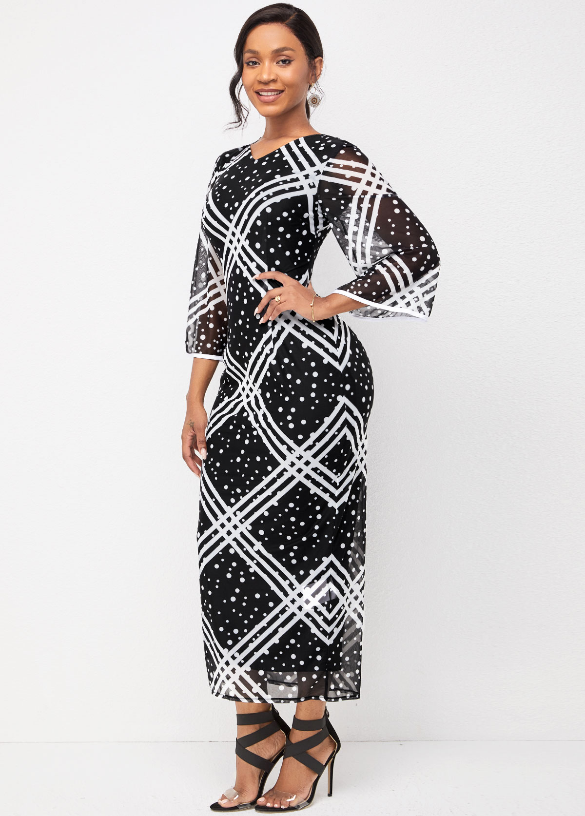 Flare Sleeve V Neck Striped and Polka Dot Dress