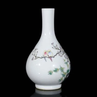 23CM Qianlong Signed Old Chinese Colour Enamel Vase W/bird N3647